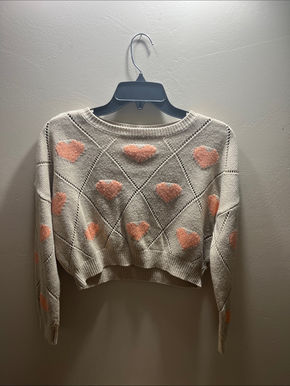 Cream Crewneck Sweater with Pink Heart Motif